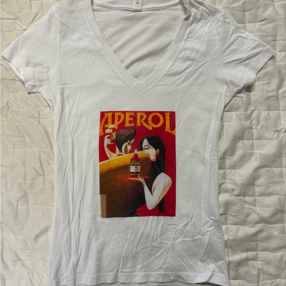 White V-Neck T-Shirt with Aperol Graphic